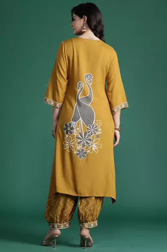 Mustard embroidered viscose rayon kurta trouser set