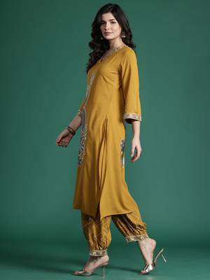 Mustard embroidered viscose rayon kurta trouser set 3