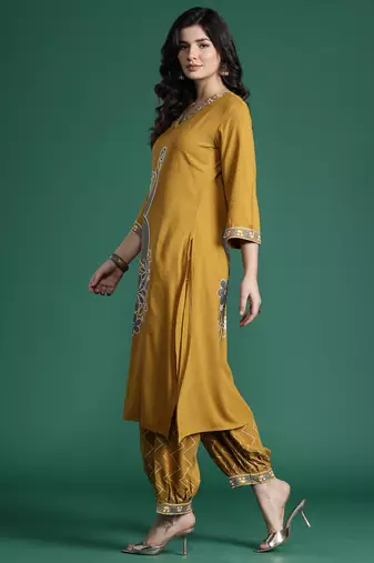 Mustard embroidered viscose rayon kurta trouser set