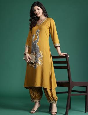 Mustard embroidered viscose rayon kurta trouser set 4