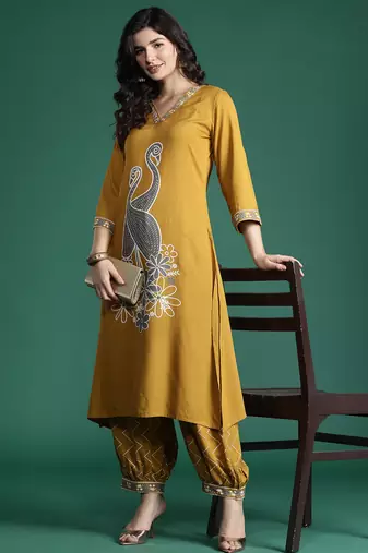 Mustard embroidered viscose rayon kurta trouser set