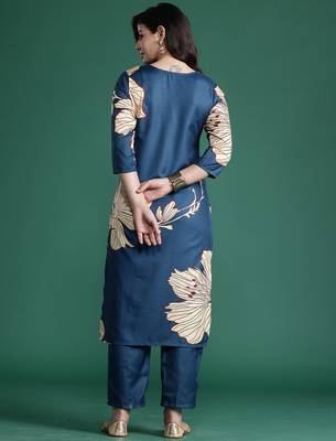 Teal printed pure cotton kurta trouser set 2