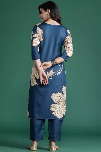 Teal printed pure cotton kurta trouser set