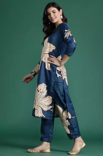 Teal printed pure cotton kurta trouser set