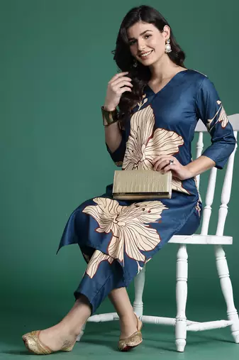 Teal printed pure cotton kurta trouser set