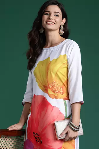 White printed pure cotton kurta trouser set