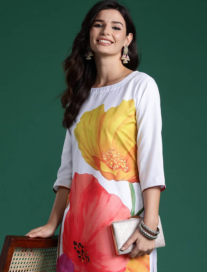 White printed pure cotton kurta trouser set