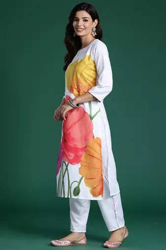 White printed pure cotton kurta trouser set