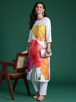 White printed pure cotton kurta trouser set 1