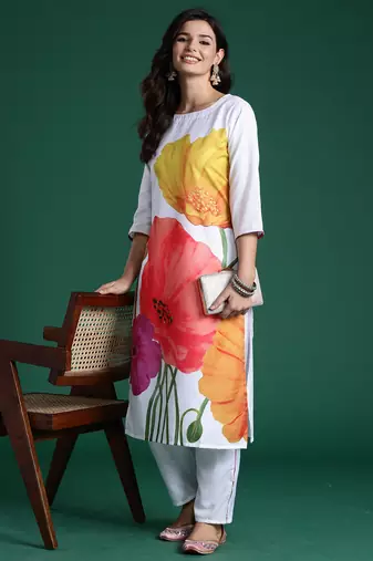 White printed pure cotton kurta trouser set
