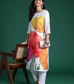 White printed pure cotton kurta trouser set