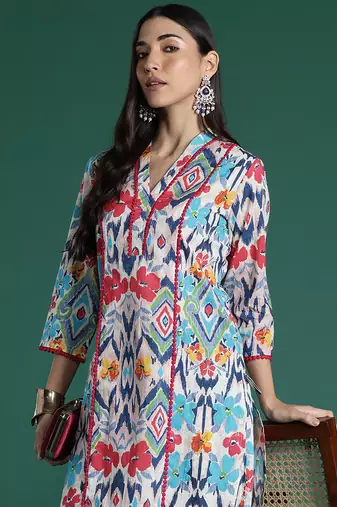Multicolor printed pure cotton kurta trouser set