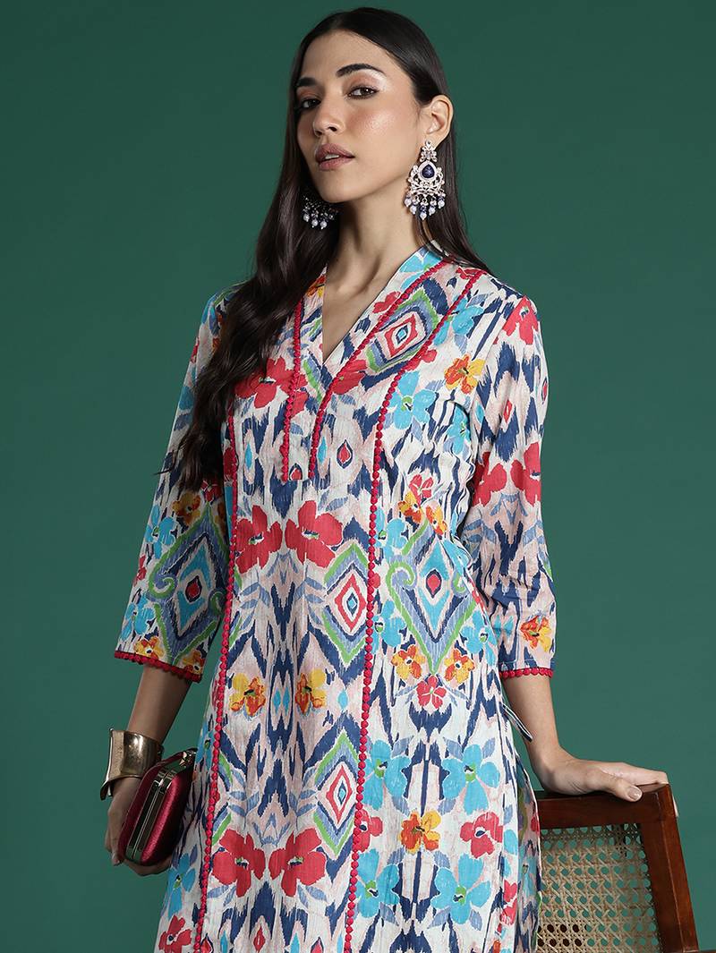 Multicolor printed pure cotton kurta trouser set