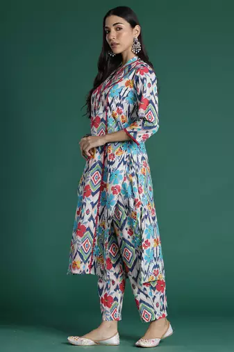 Multicolor printed pure cotton kurta trouser set