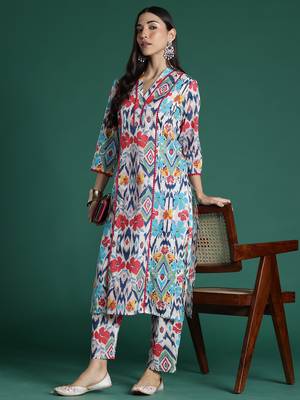 Multicolor printed pure cotton kurta trouser set 1