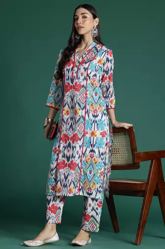 Multicolor printed pure cotton kurta trouser set