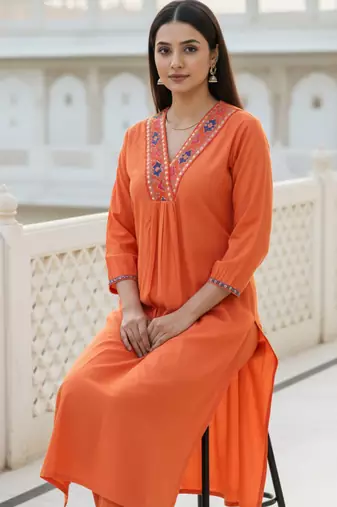 Orange embroidered liva kurta trouser set