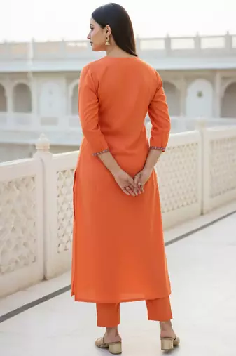 Orange embroidered liva kurta trouser set