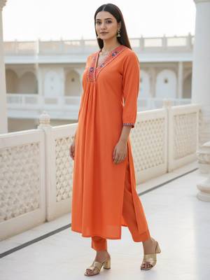 Orange embroidered liva kurta trouser set 4