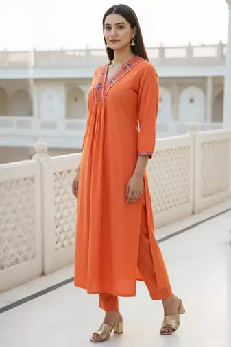 Orange embroidered liva kurta trouser set