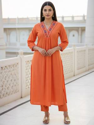 Orange embroidered liva kurta trouser set 1