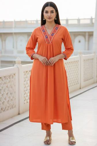Orange embroidered liva kurta trouser set