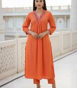 Orange embroidered liva kurta trouser set