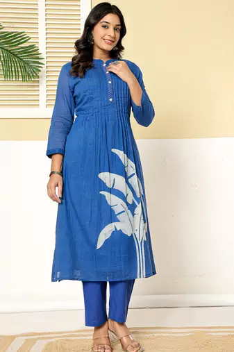 Blue printed pure cotton kurta trouser set