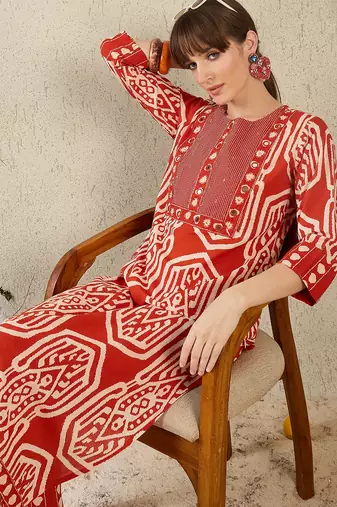 Orange embroidered pure cotton kurta trouser set