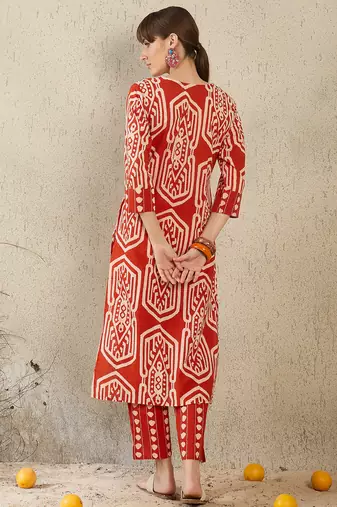 Orange embroidered pure cotton kurta trouser set