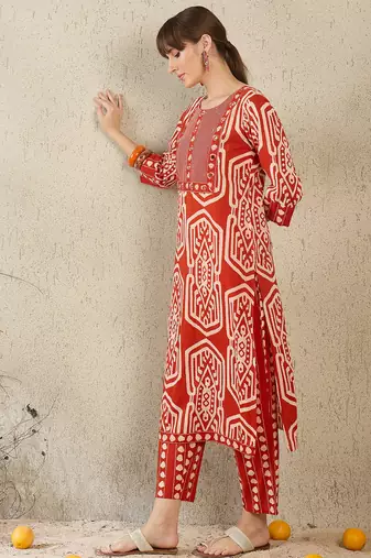 Orange embroidered pure cotton kurta trouser set