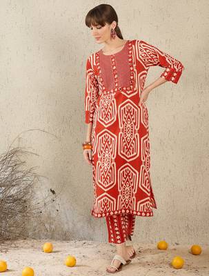 Orange embroidered pure cotton kurta trouser set 4