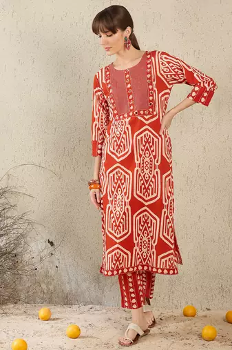 Orange embroidered pure cotton kurta trouser set