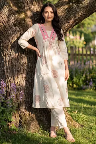 White embroidered pure cotton kurta trouser set