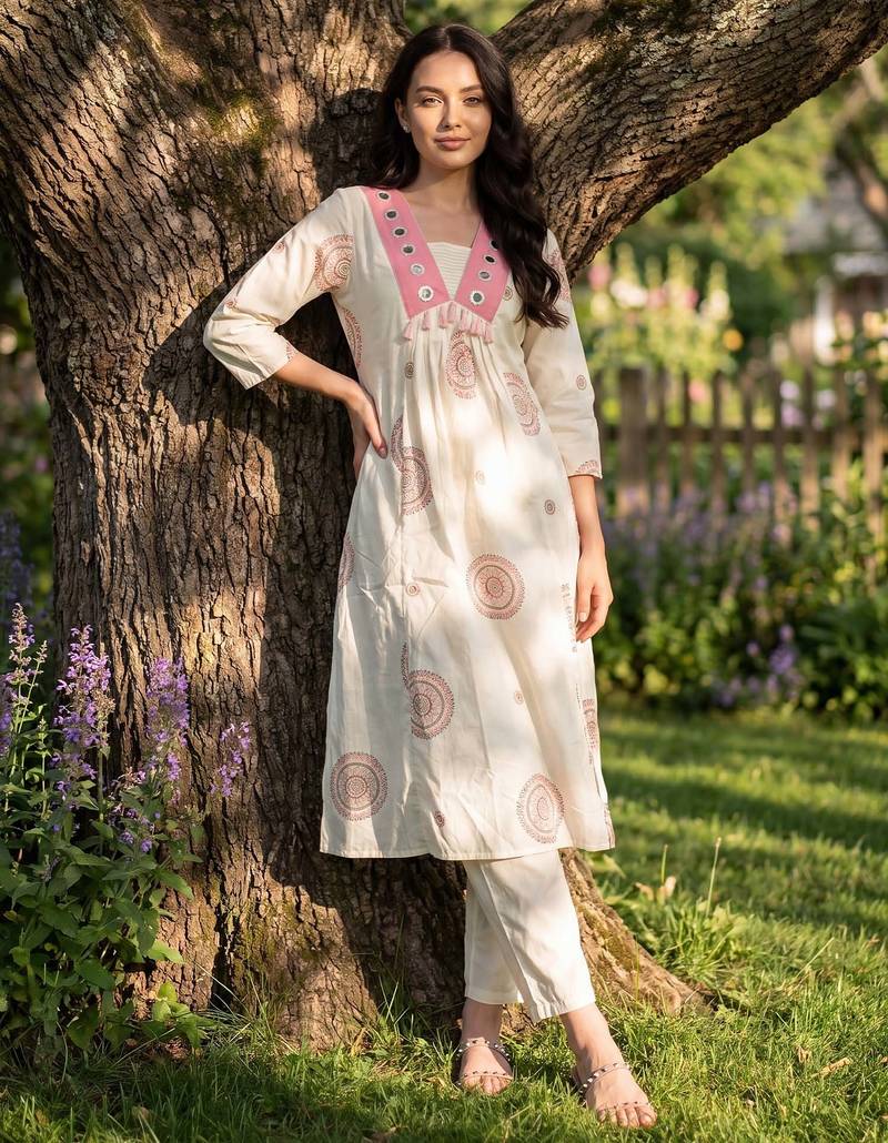 White embroidered pure cotton kurta trouser set