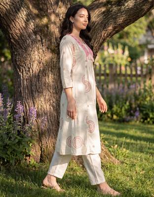 White embroidered pure cotton kurta trouser set 4
