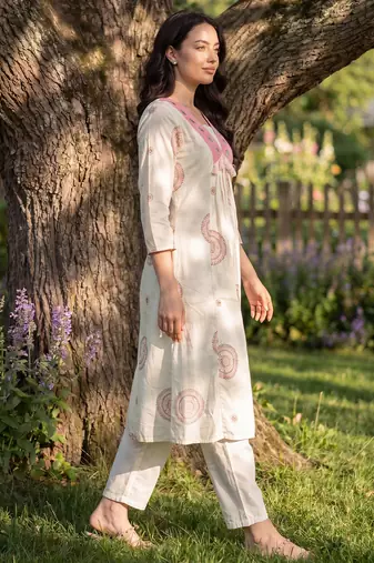 White embroidered pure cotton kurta trouser set