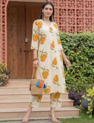 Off white printed pure cotton kurta trouser set 1