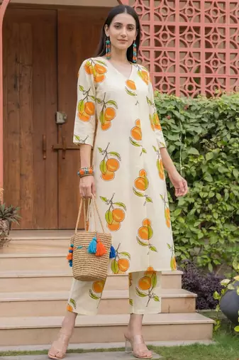 Off white printed pure cotton kurta trouser set