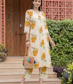 Off white printed pure cotton kurta trouser set