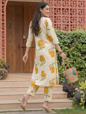 Off white printed pure cotton kurta trouser set 2