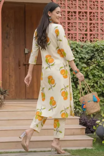 Off white printed pure cotton kurta trouser set
