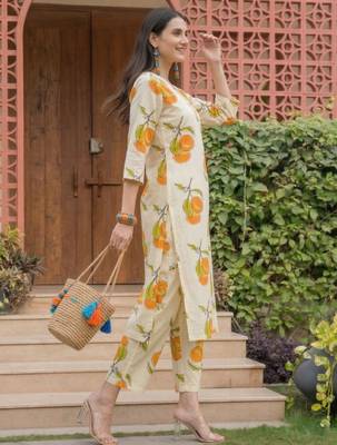 Off white printed pure cotton kurta trouser set 3