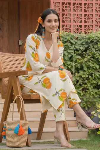 Off white printed pure cotton kurta trouser set