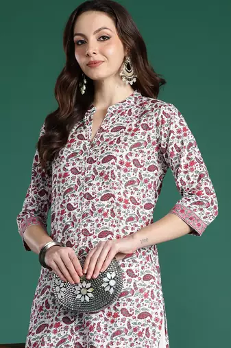 White printed pure cotton kurta trouser set