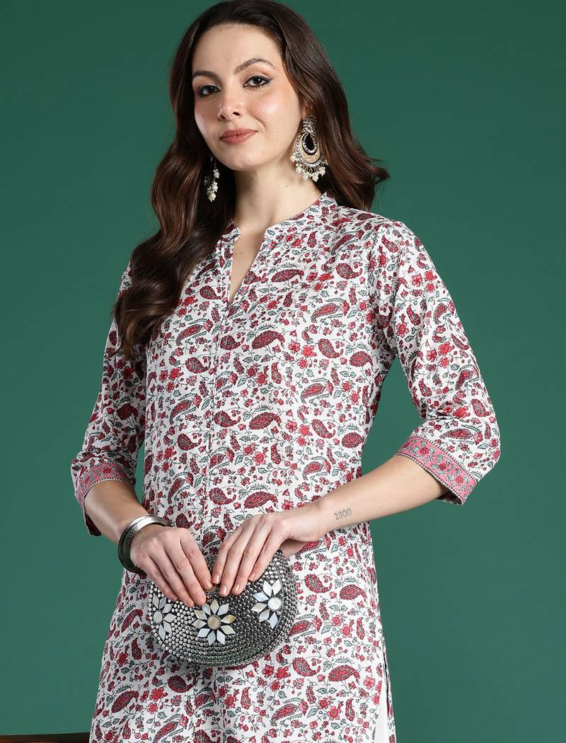 White printed pure cotton kurta trouser set