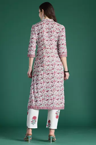 White printed pure cotton kurta trouser set