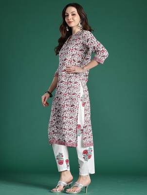 White printed pure cotton kurta trouser set 3