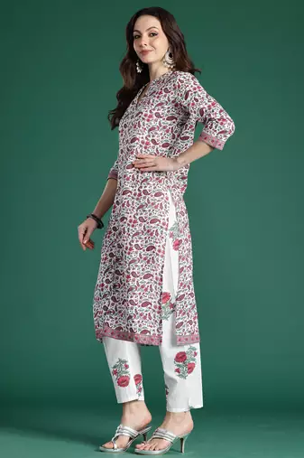 White printed pure cotton kurta trouser set