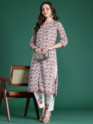 White printed pure cotton kurta trouser set 4